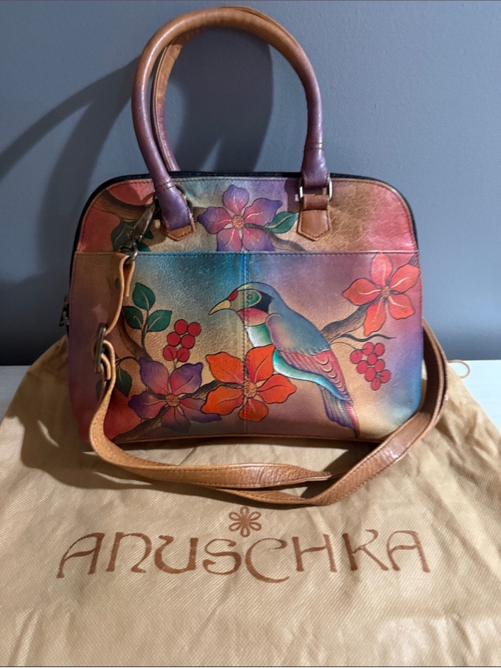 Anna by Anuschka hand-painted leather satchel "Bird on Branch" design w Dust Bag